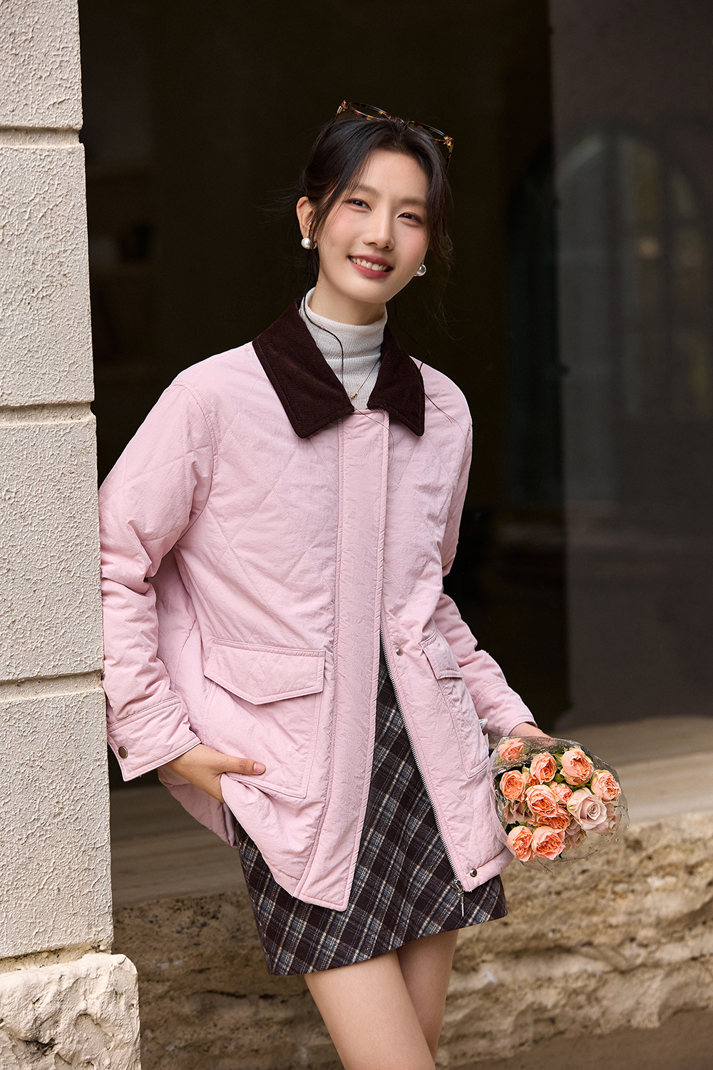 Pink lapel zipper cotton-padded jacket