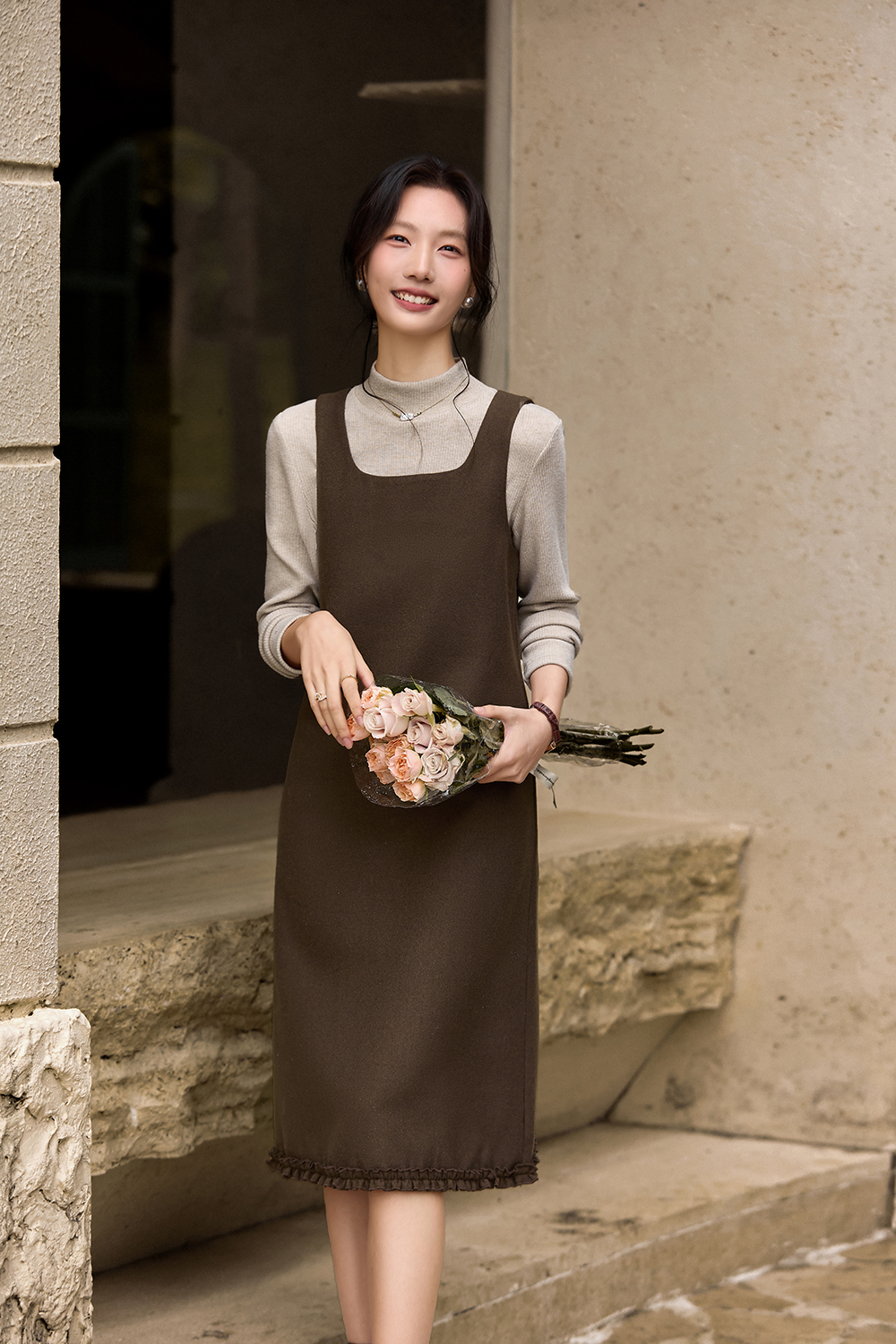 Coffee-colored slip dress set
