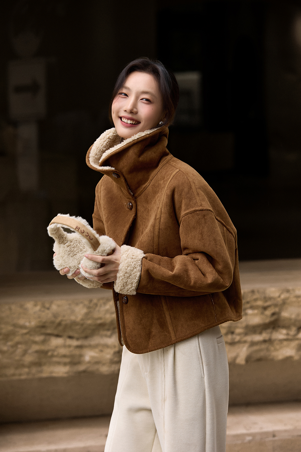 Coffee-colored shearling lapel coat