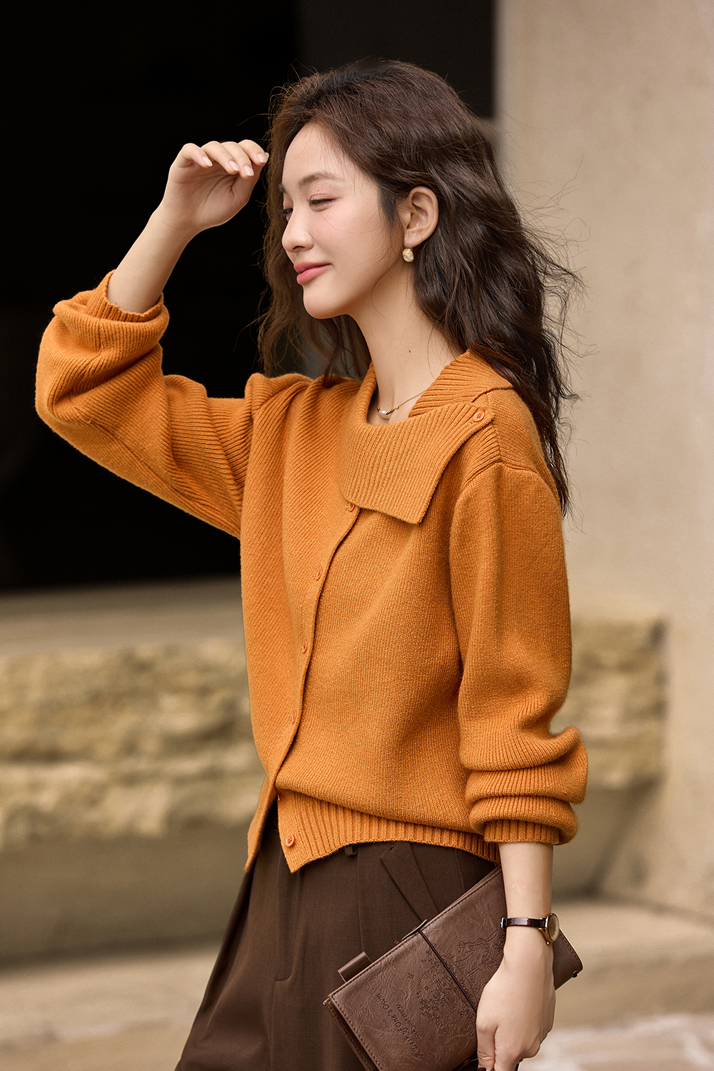 Designer asymmetric lapel knitted sweater