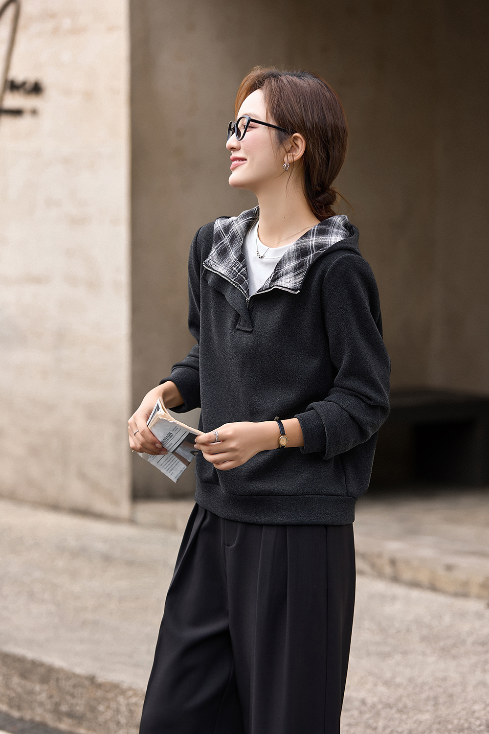 Patchwork plaid fleece-lined hoodie