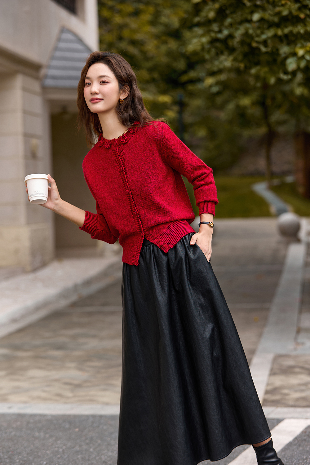 Y2K red three-dimensional crochet cardigan