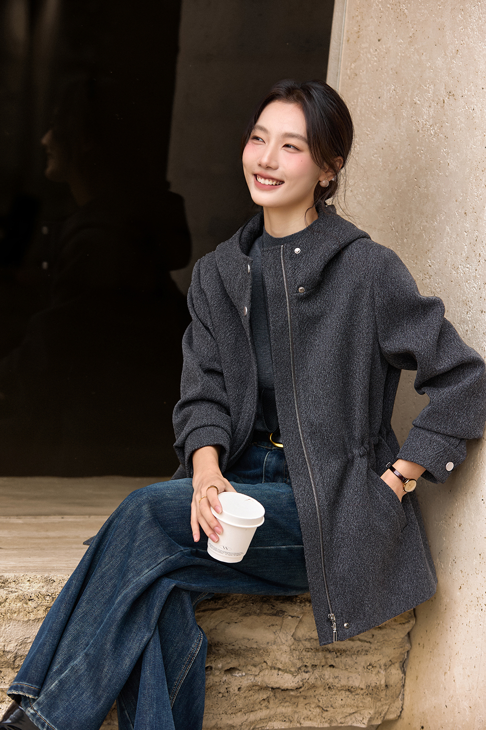 Hooded zipper wool coat