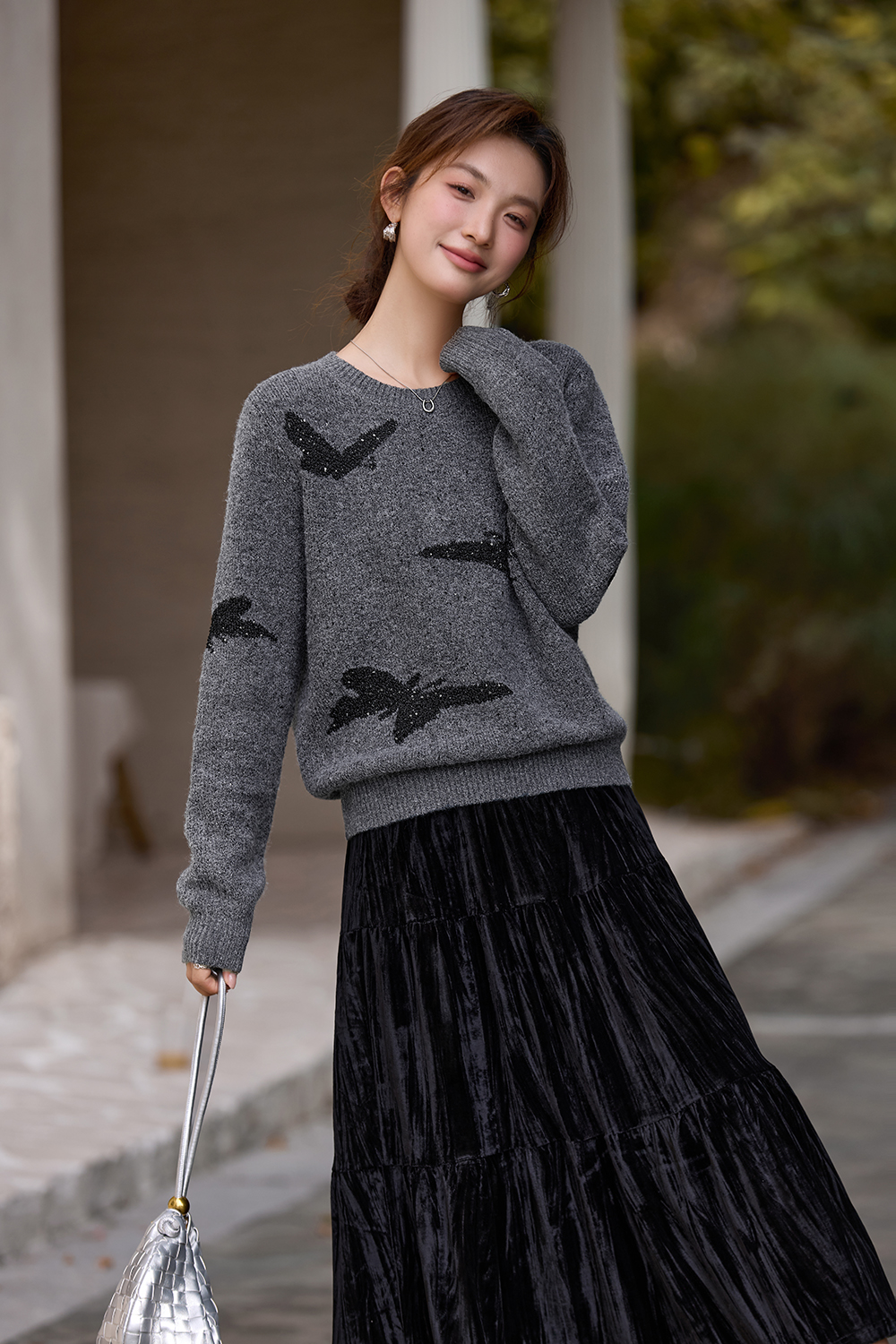 Butterfly jacquard crew neck sweater