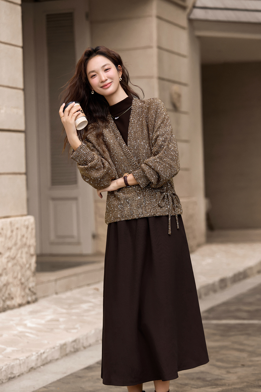 Maillard V-neck knitted sweater set