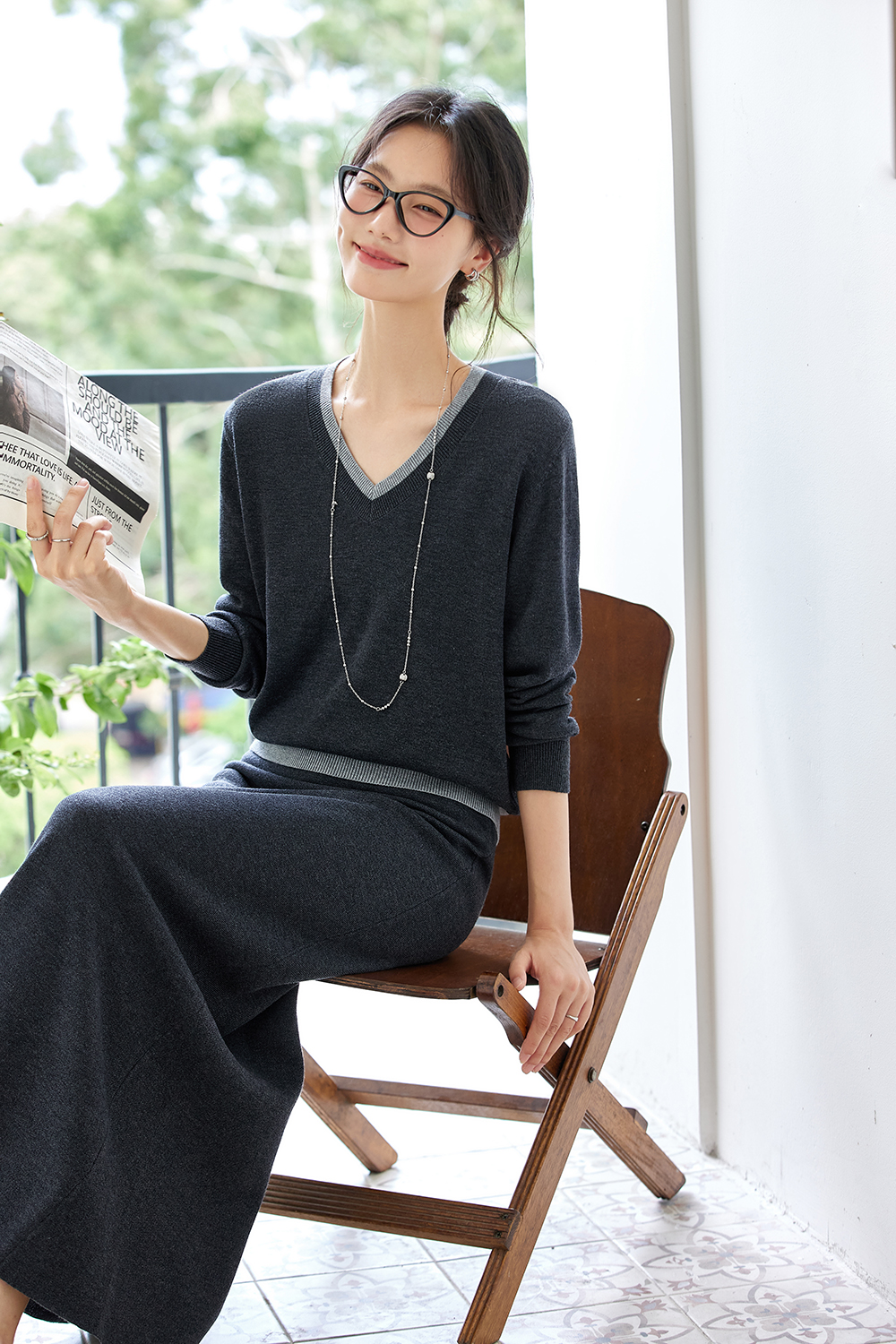 Lazy Chic V-Neck Knit Top & A-Line Skirt Set-VIMLYSTORE