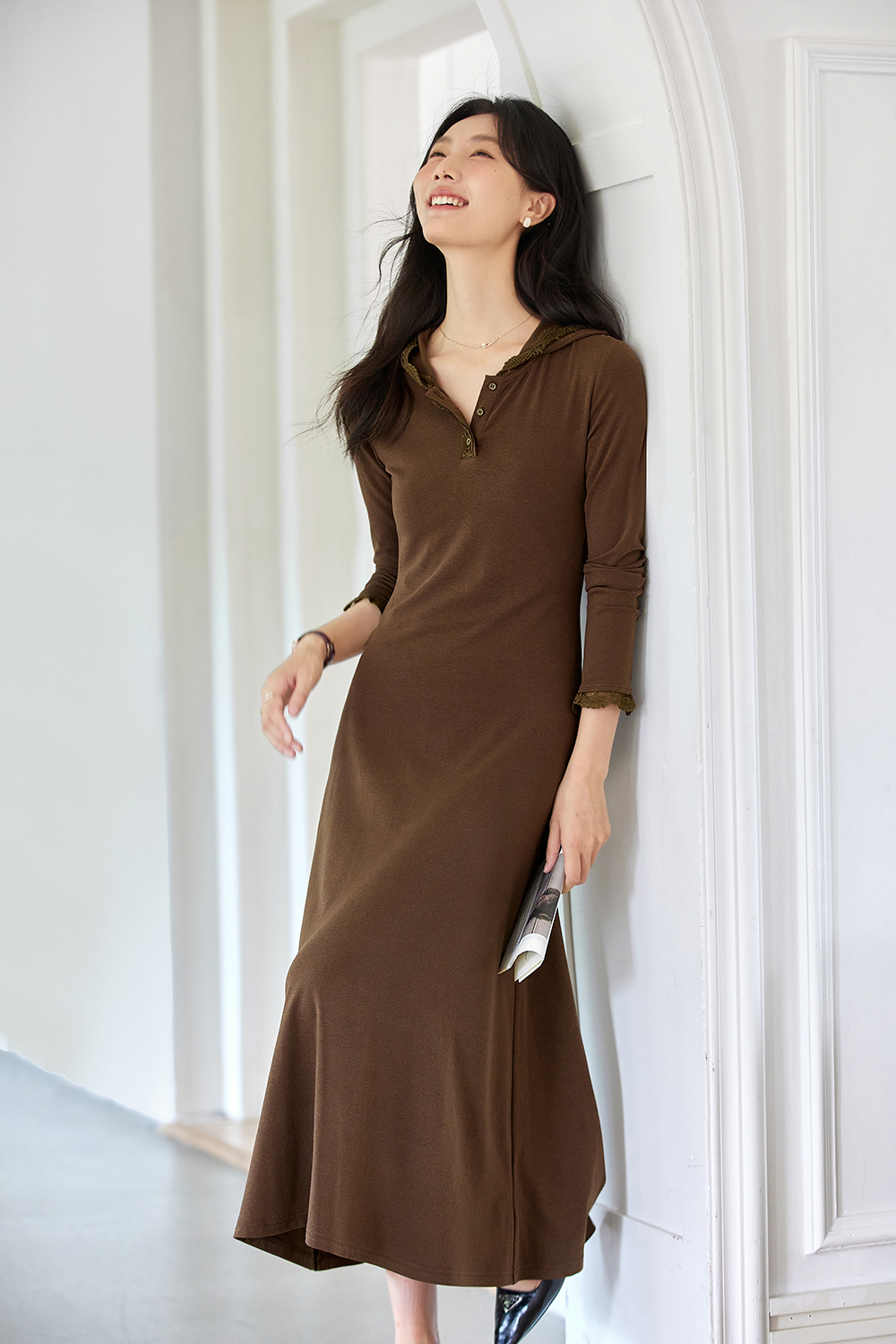 Lace-Trimmed Hooded Fit-and-Flare Dress-VIMLYSTORE