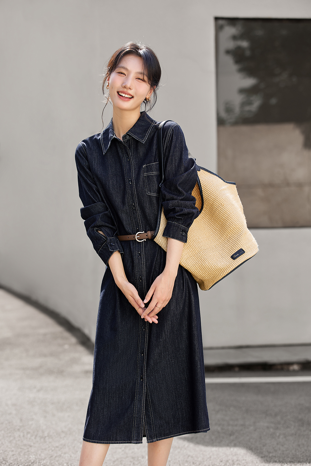 Denim Shirt Dress with Contrast Topstitching-VIMLYSTORE