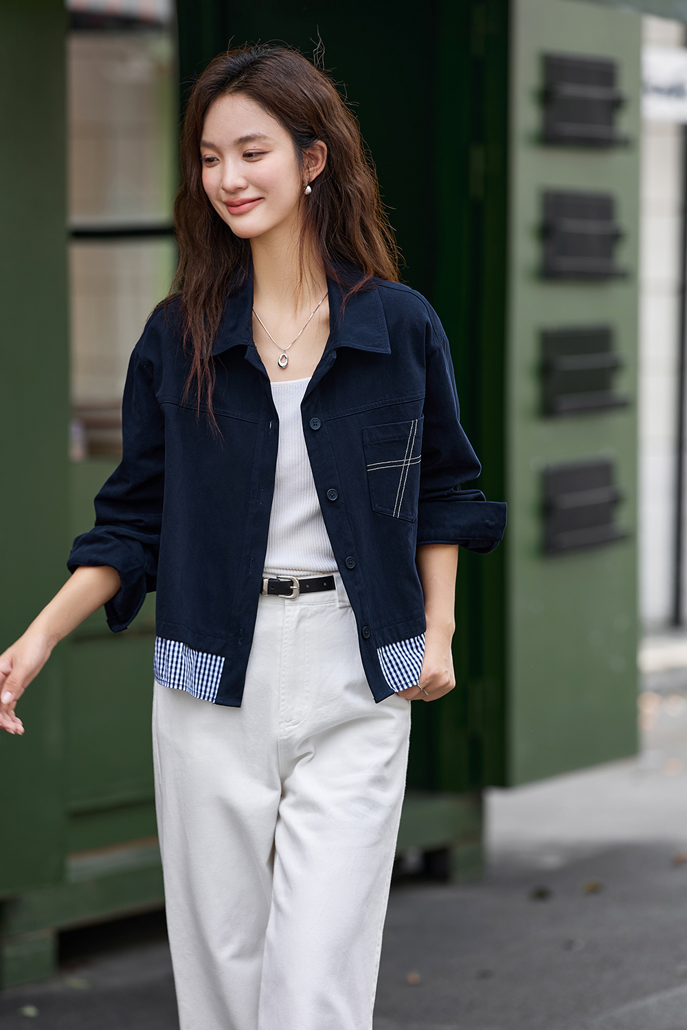 Navy & Stripe Faux Two-Layer Fashion Shirt-VIMLYSTORE