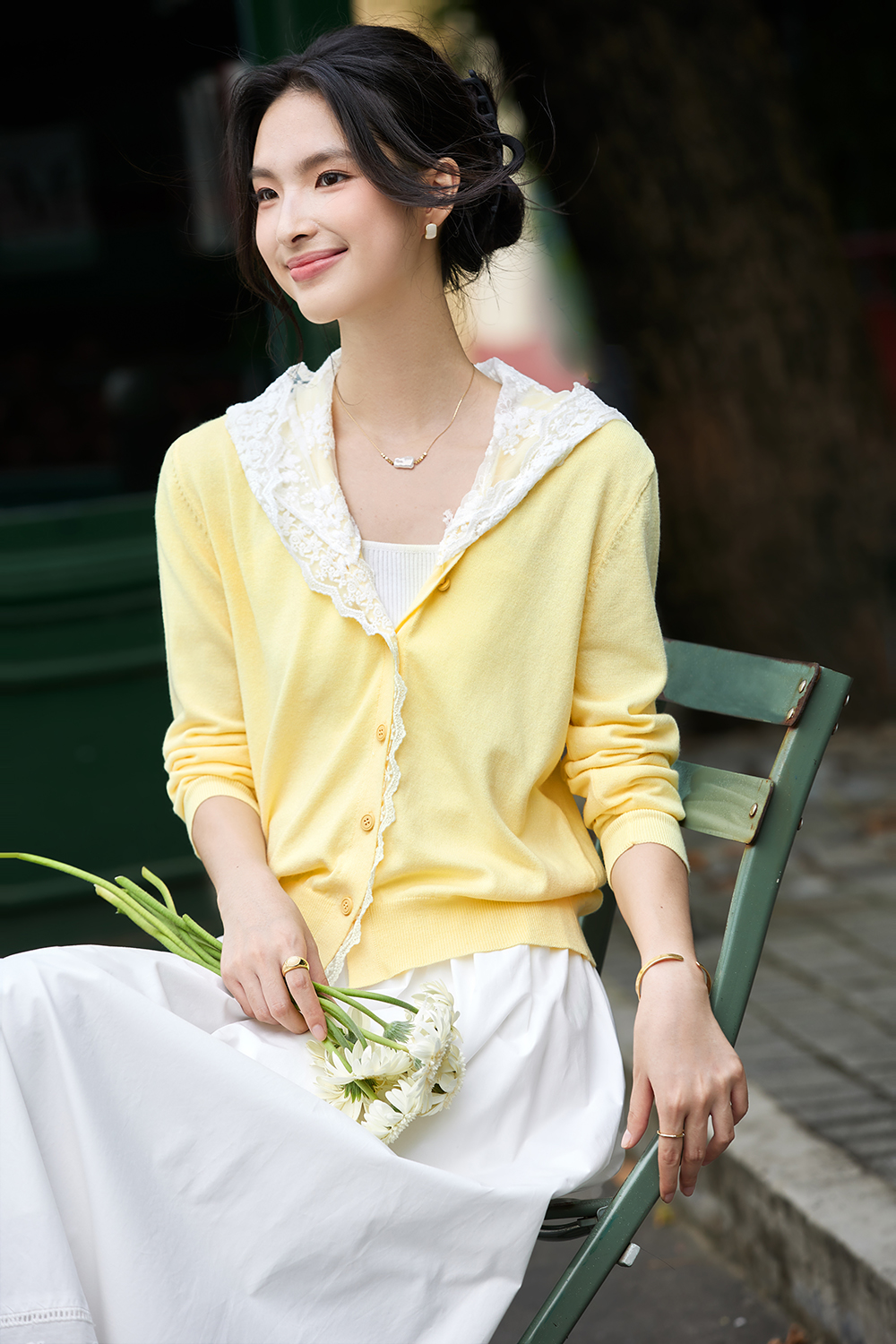 Yellow lace hooded knitted cardigan sweater coat-VIMLYSTORE