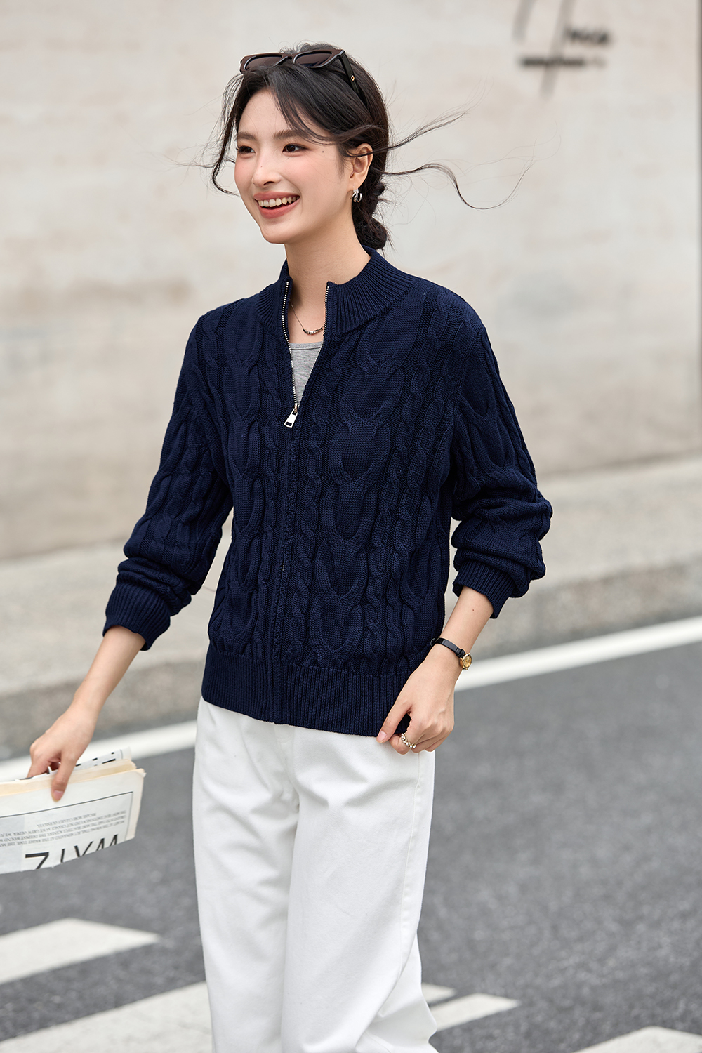 Twisted Cable Stand Neck Zipper Knit Cardigan-VIMLYSTORE