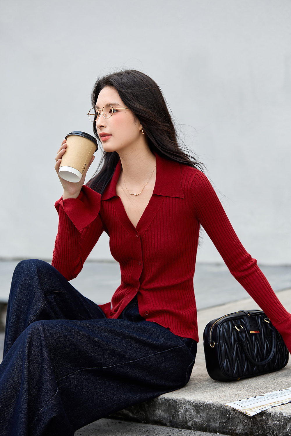 Minimalist Slimming Fitted Ribbed Fold-Over V-Neck Knit Cardigan-VIMLYSTORE