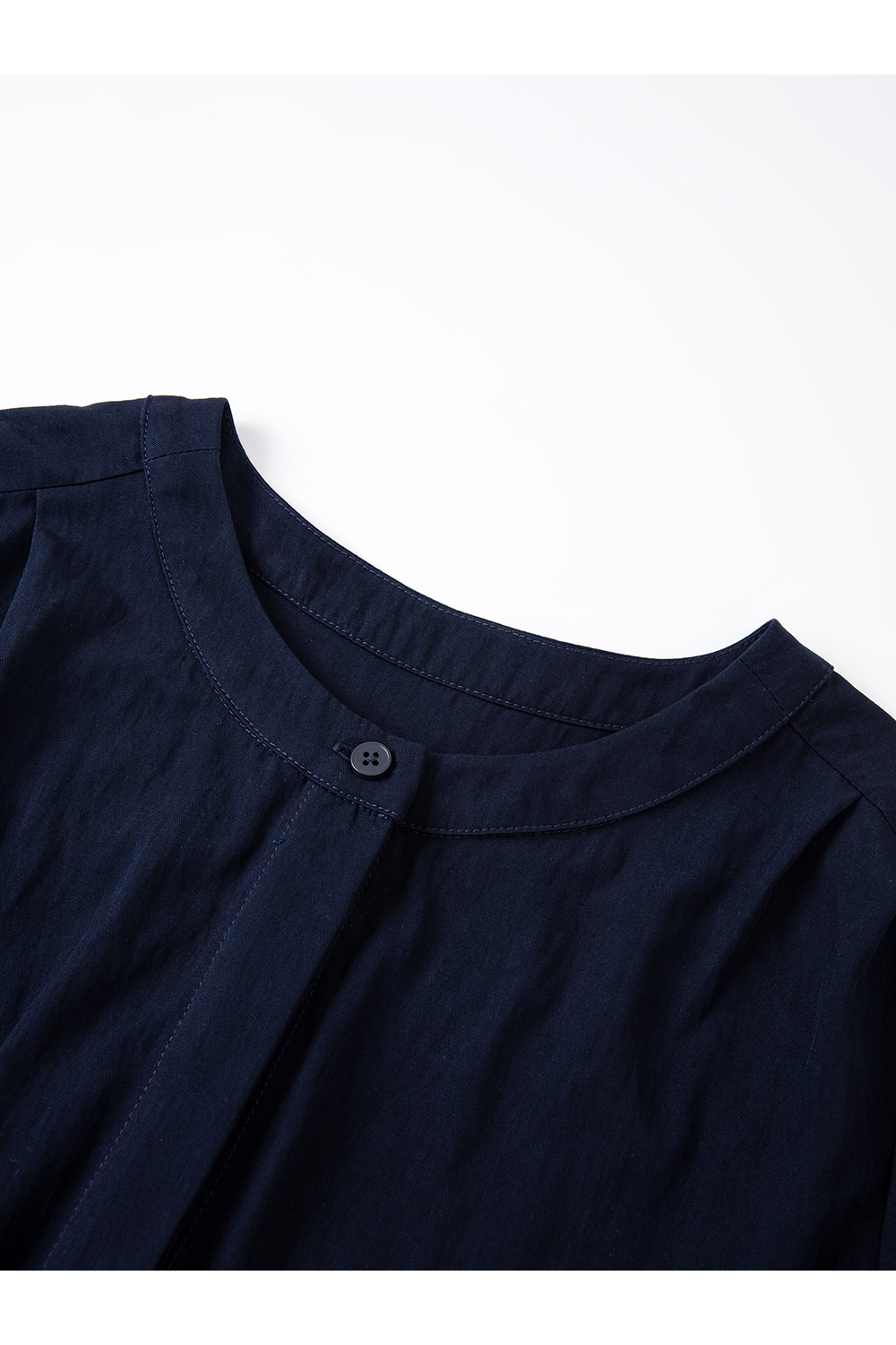 Navy Blue Korean-Style Puff Sleeve Waist-Defining Slimming Round Neck Blouse-VIMLYSTORE