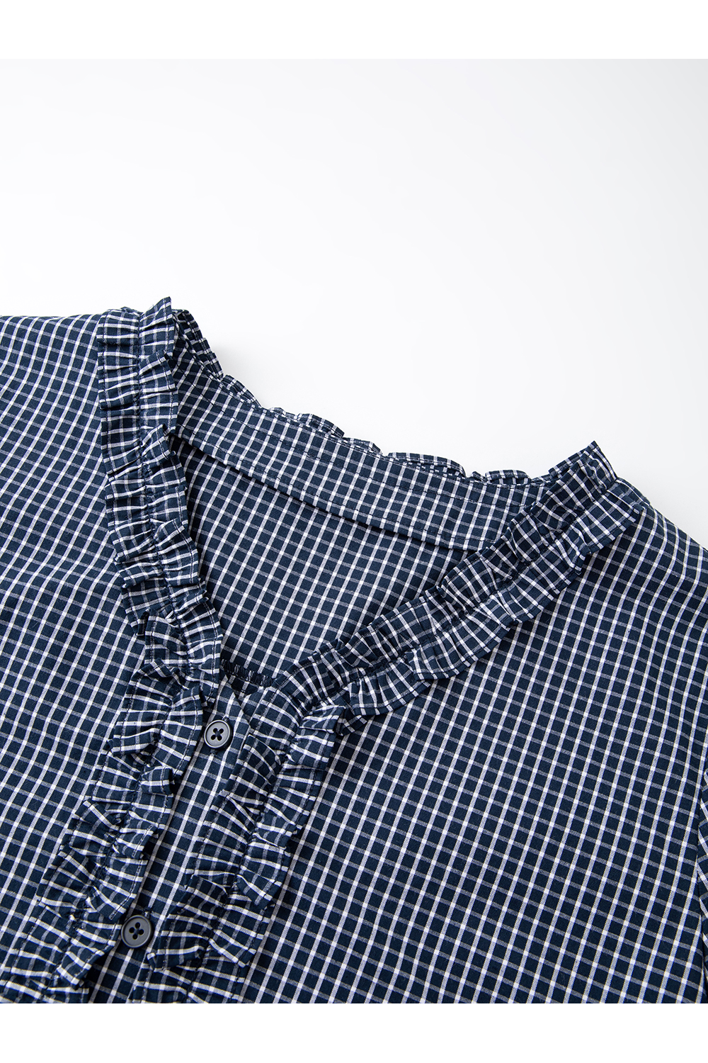 Navy Blue Ruffled Collar Pure Cotton Lapel Long Sleeve Plaid Shirt-VIMLYSTORE