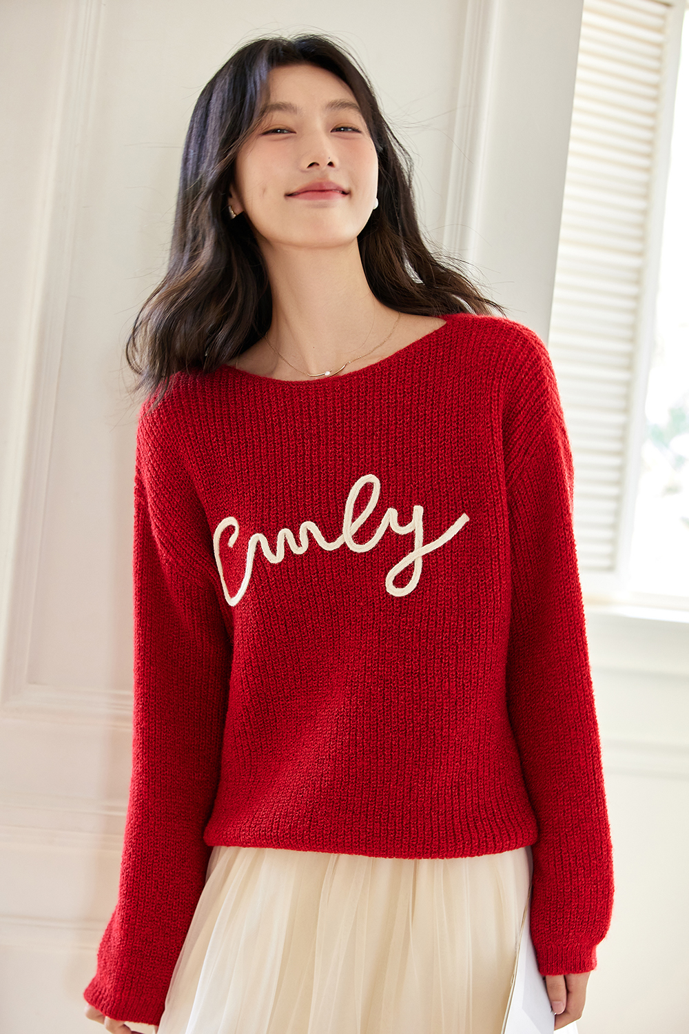 Letter Embroidered Round Neck Knit Sweater Loose Sweater-VIMLYSTORE