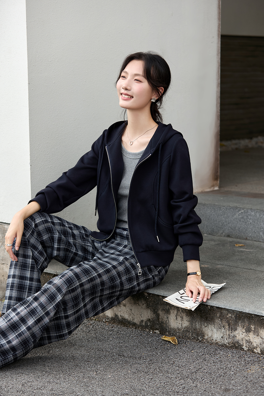 Hooded Zipper Jacket Plaid Pants Set-VIMLYSTORE