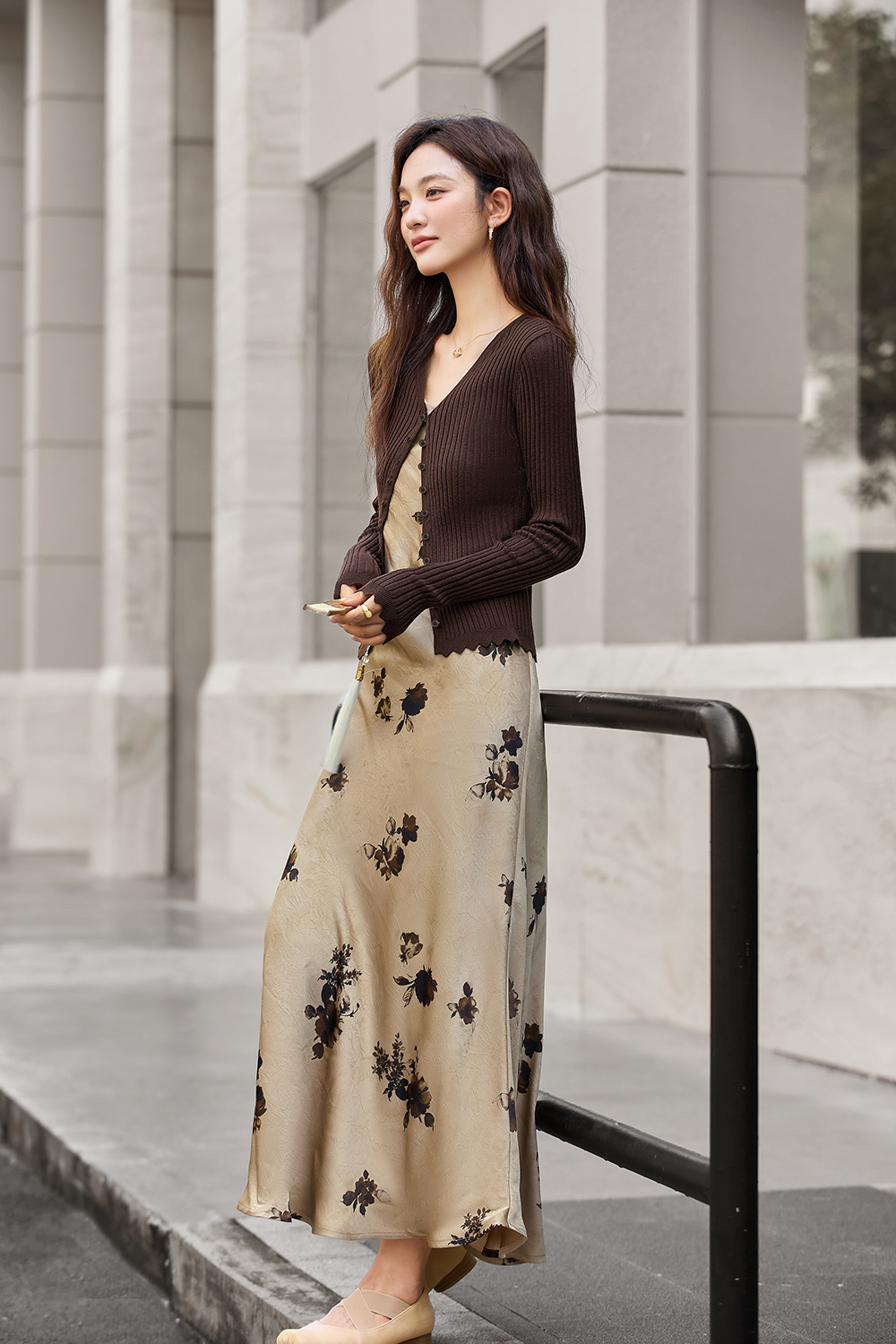 Purple slim knit cardigan printed skirt with suspenders-VIMLYSTORE