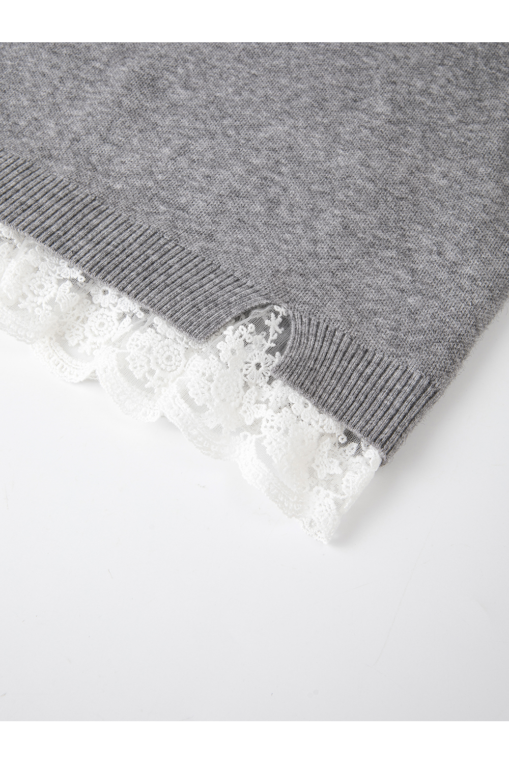 Grey Lace-Trimmed Crewneck Knit Top