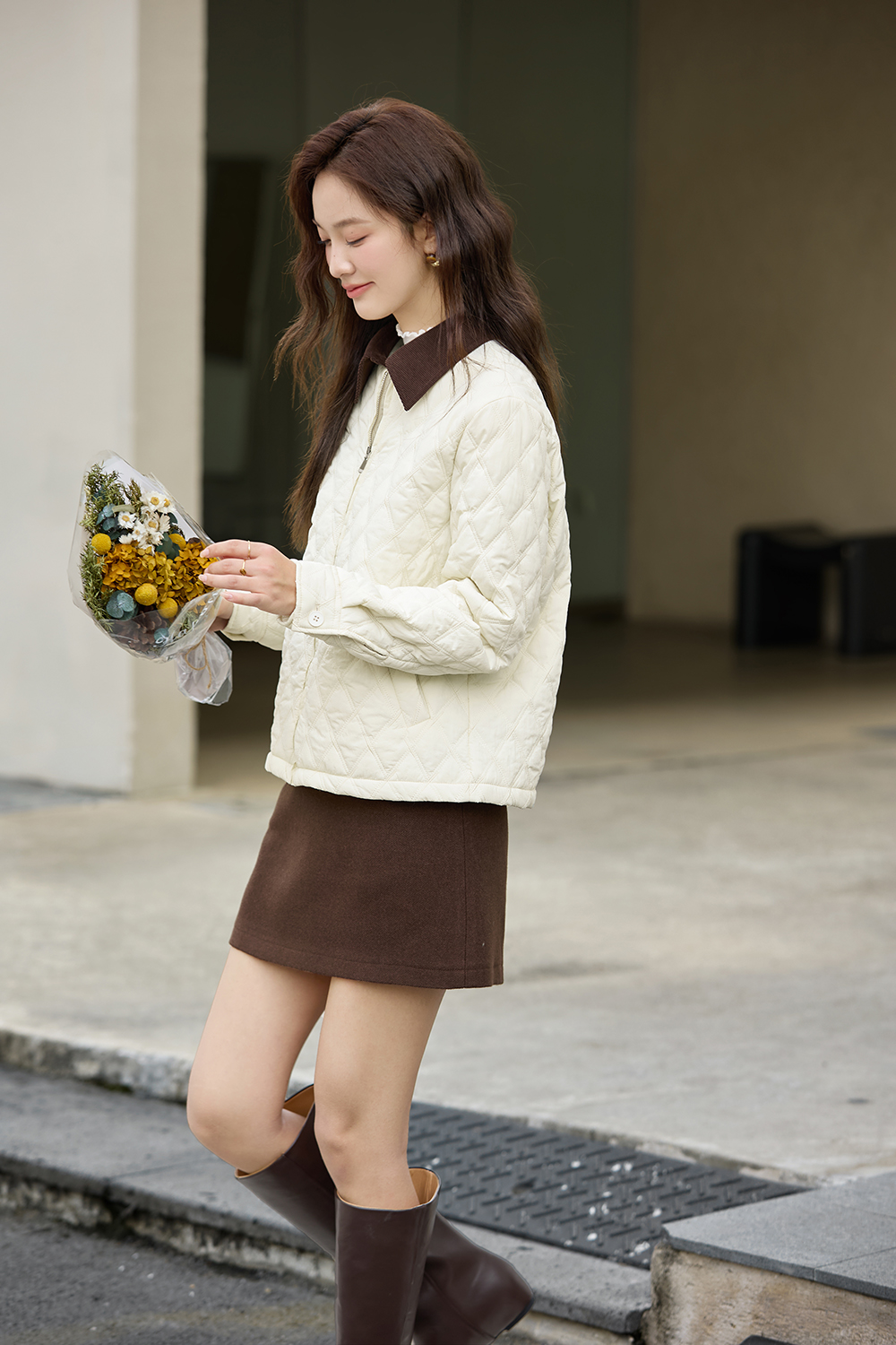 Color-Block Lapel Argyle Puffer Jacket