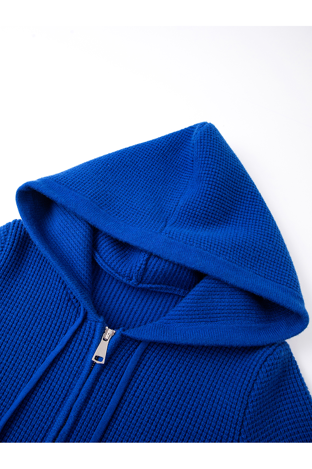 Blue Hooded Zippered Knitted Cardigan