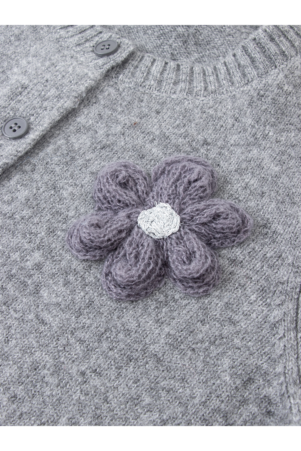 Gray 3D Flower Crew Neck Knitted Cardigan