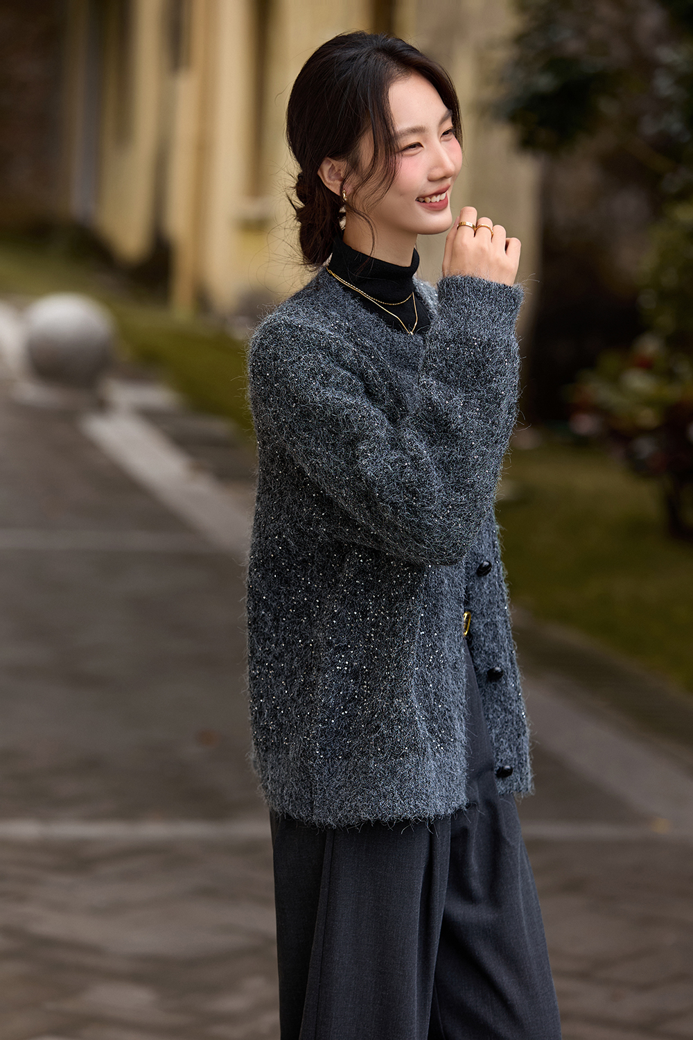 Coffee-Colored Crew Neck Sequin Sweater