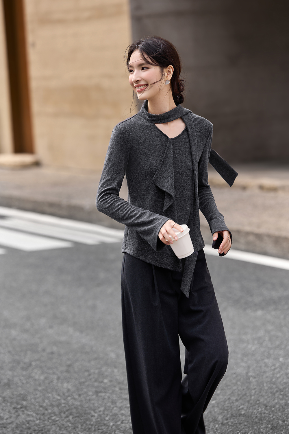 Asymmetric Ruffled Streamer Long-Sleeve T-Shirt