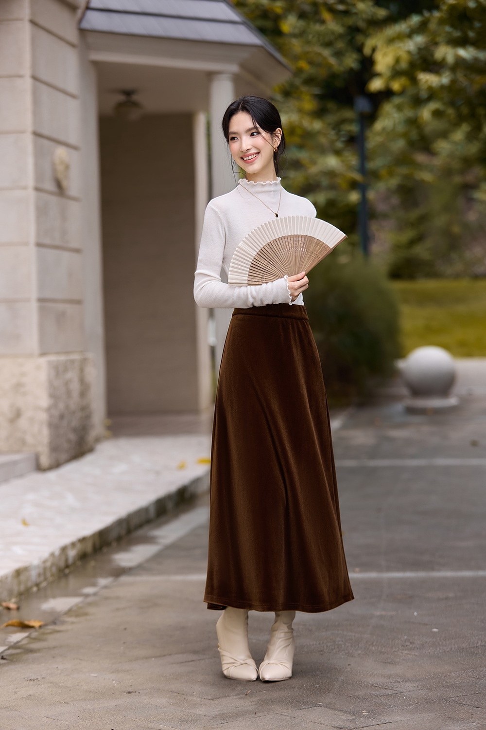 Brown French-Style Knitted Velvet Midi Skirt