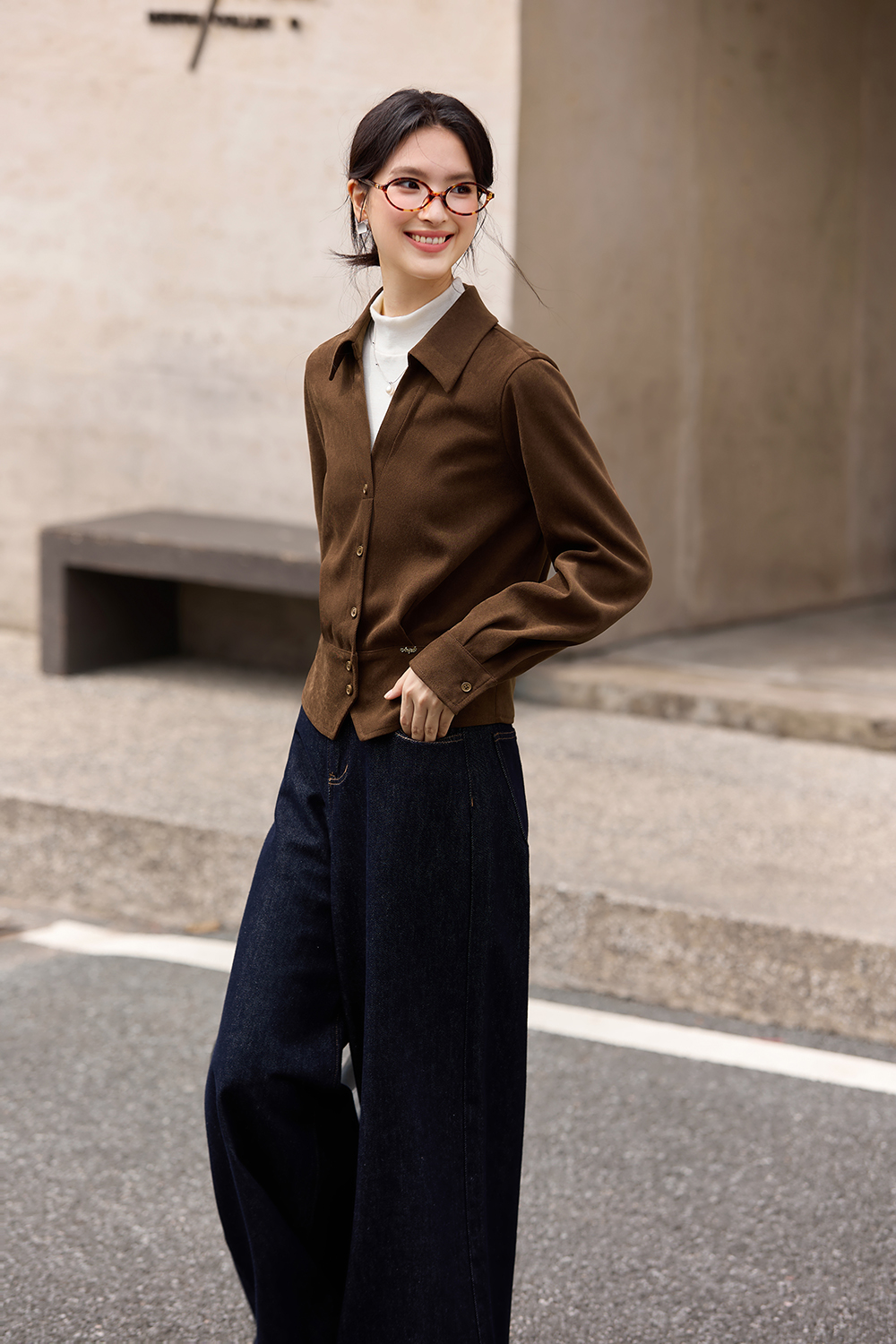 Apricot-Coffee Layered-Look Stand-Collar Shirt