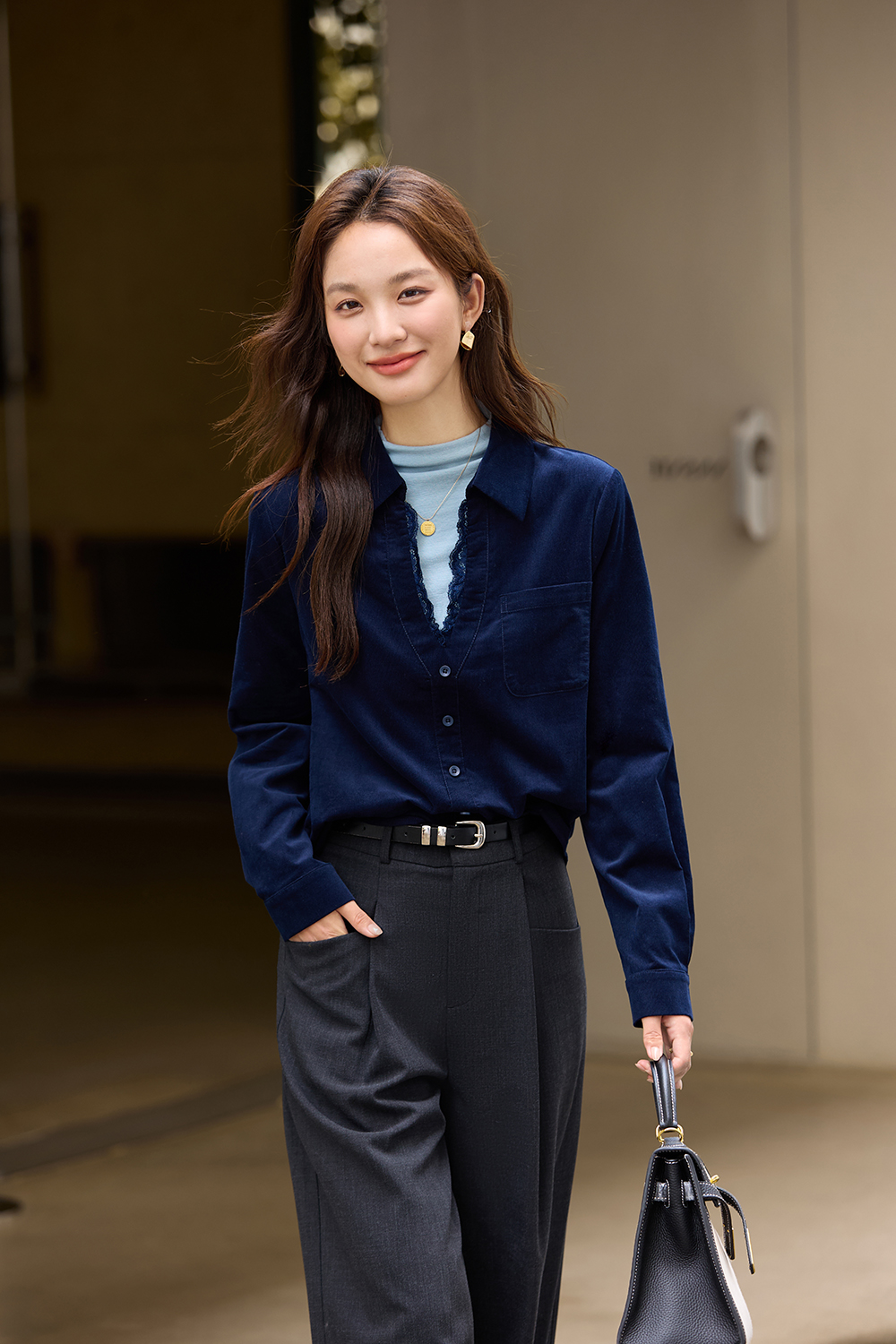 Red-Black French-Style Layered-Look Long-Sleeve Shirt