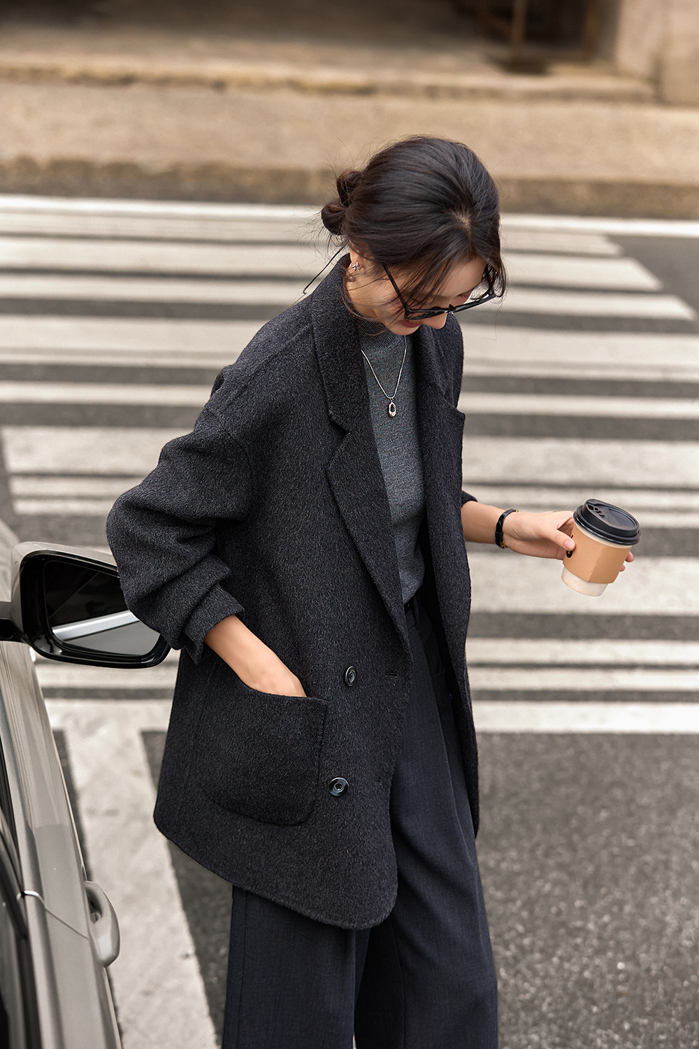 Grey plaid woolen suit jacket