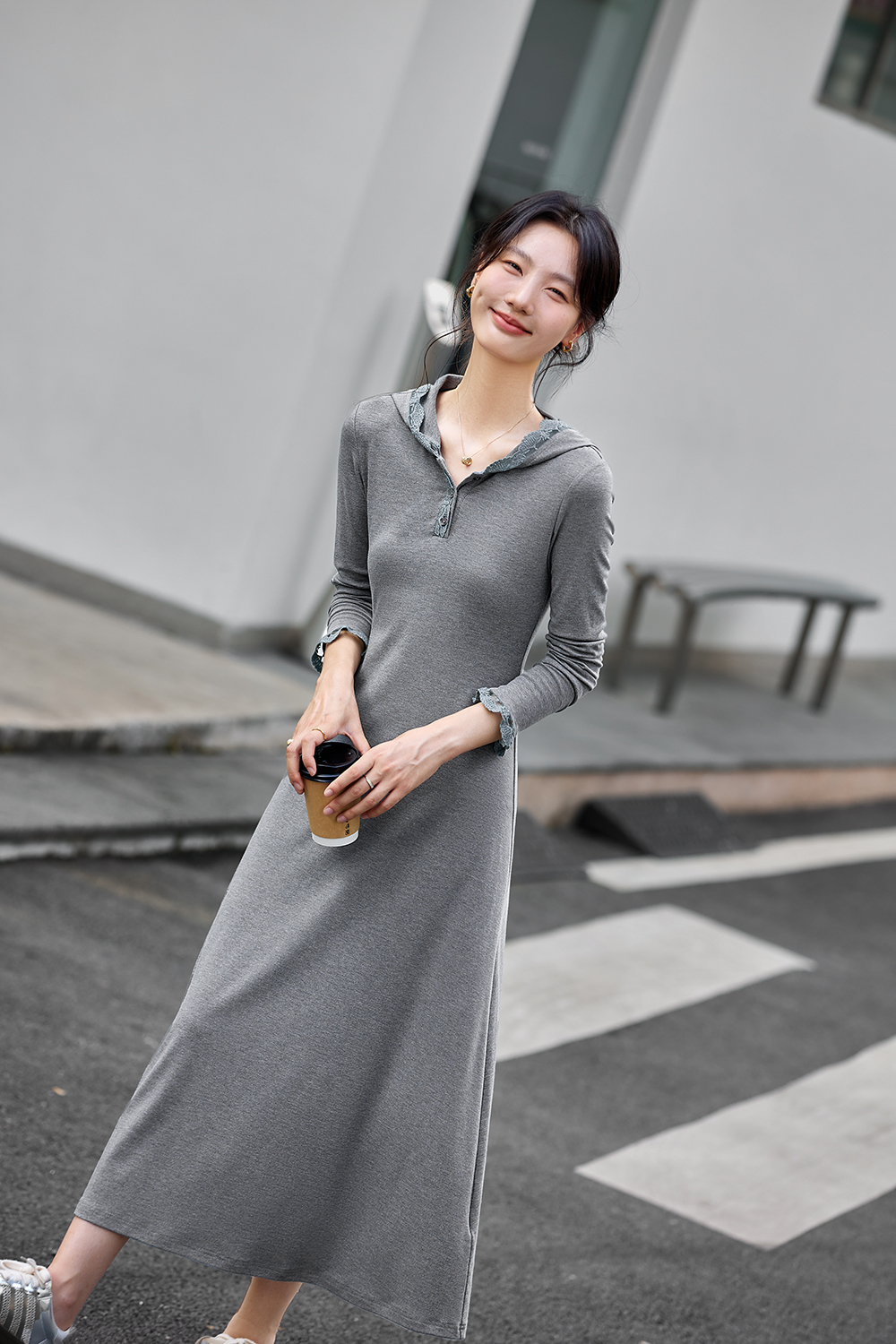 Lace-Trimmed Hooded Fit-and-Flare Dress-VIMLYSTORE