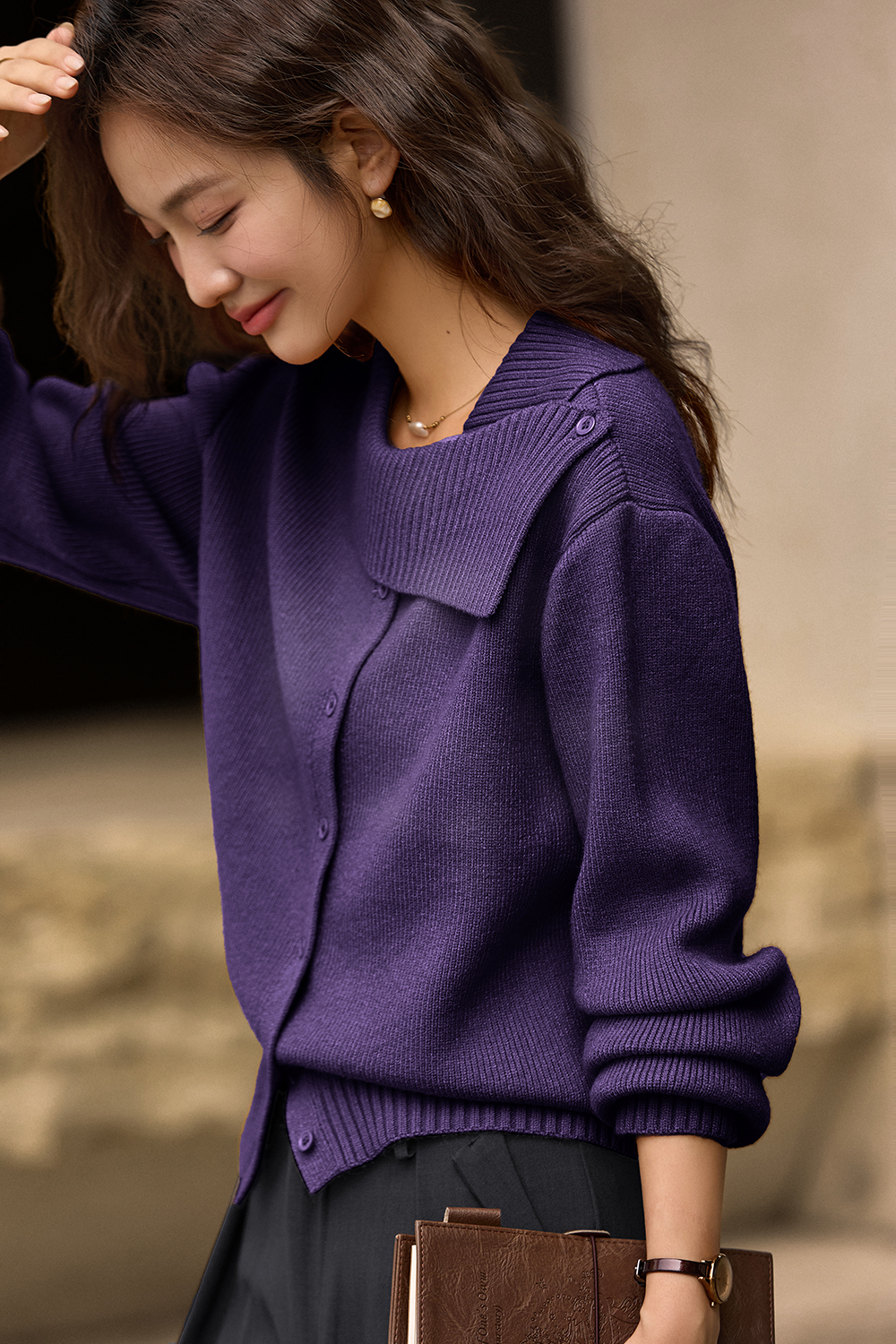 Designer asymmetric lapel knitted sweater