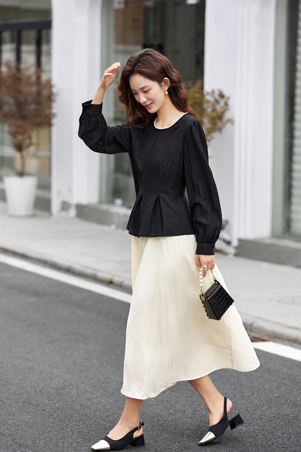 Elegant Crewneck Top & Waist-Defining Skirt Set-VIMLYSTORE