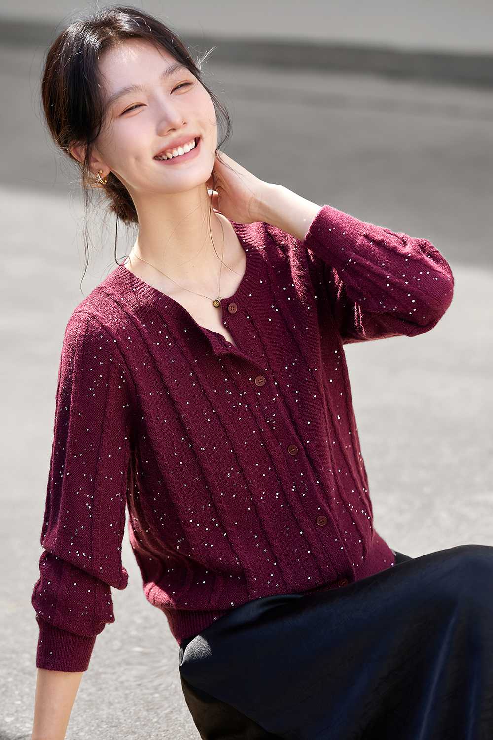 Sequin-Embellished Cable-Knit Cardigan-VIMLYSTORE