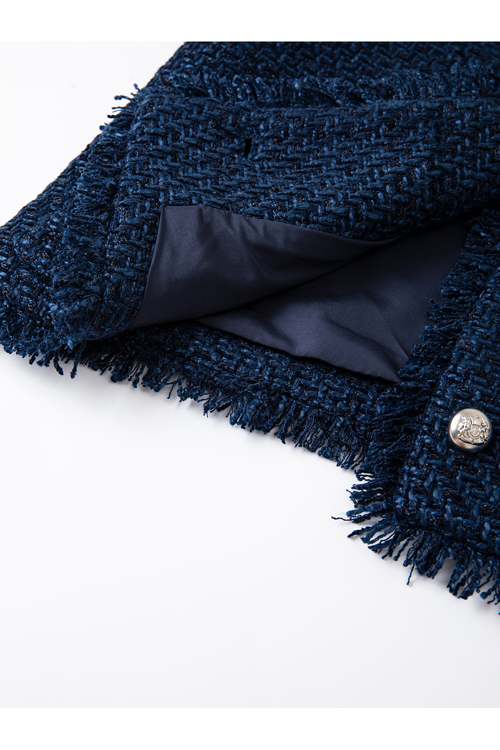 Navy Short Raw Edge Design Round Neck CN style Jacket-VIMLYSTORE