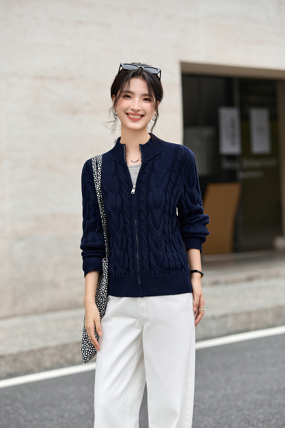 Twisted Cable Stand Neck Zipper Knit Cardigan-VIMLYSTORE