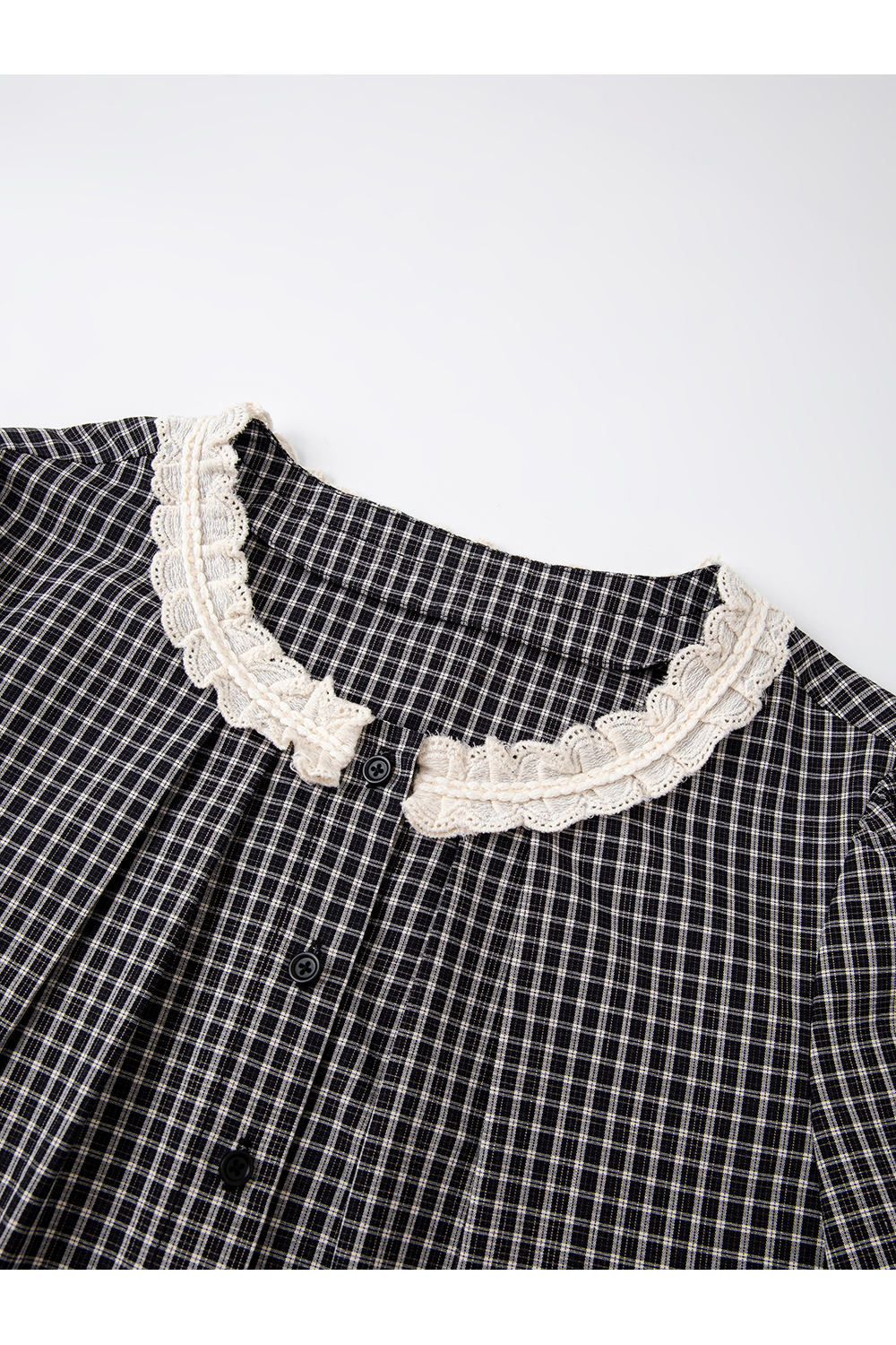 Black-Apricot Checkered Lace Trim Round Neck Puff Long Sleeve Blouse-VIMLYSTORE