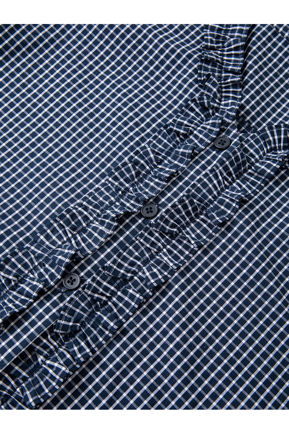 Navy Blue Ruffled Collar Pure Cotton Lapel Long Sleeve Plaid Shirt-VIMLYSTORE