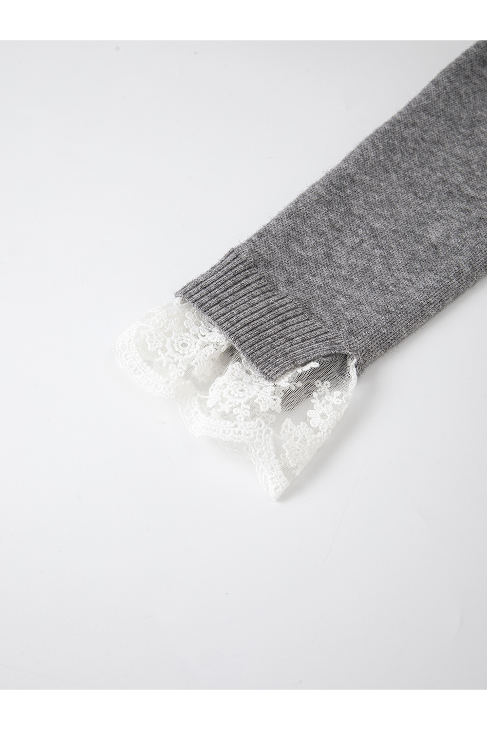 Grey Lace-Trimmed Crewneck Knit Top