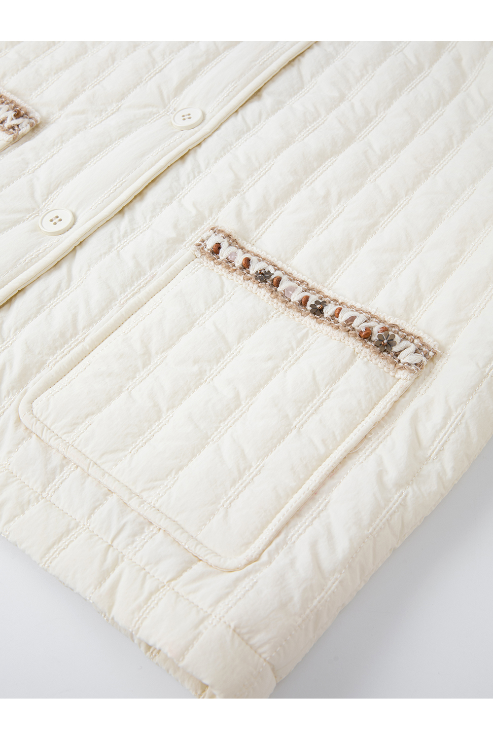 Apricot Ribbon Crew Neck Cotton Padded Jacket