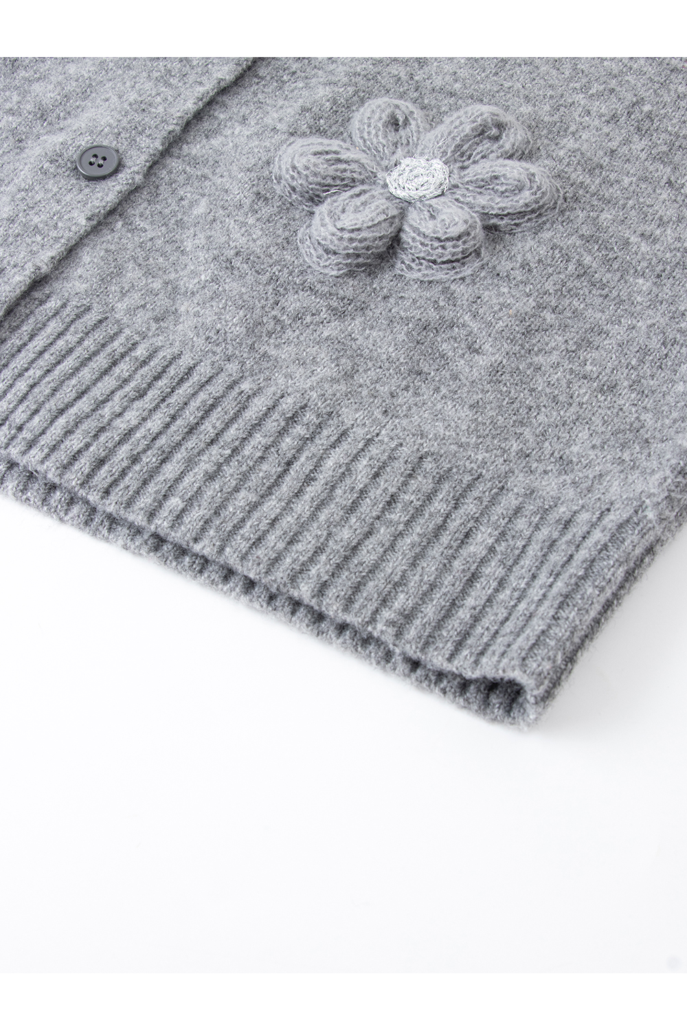 Gray 3D Flower Crew Neck Knitted Cardigan