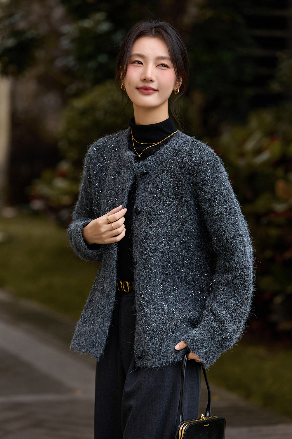 Coffee-Colored Crew Neck Sequin Sweater