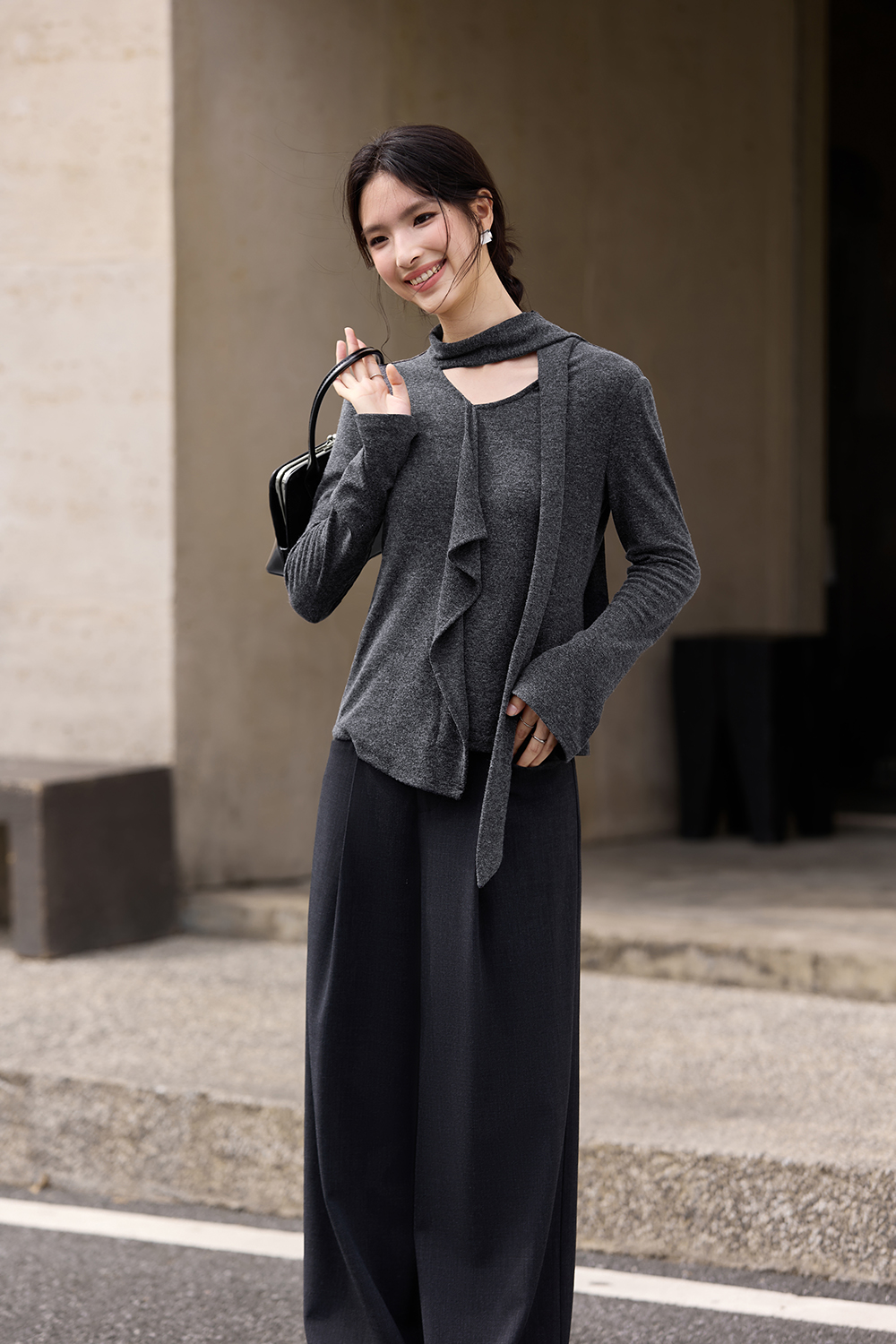 Asymmetric Ruffled Streamer Long-Sleeve T-Shirt