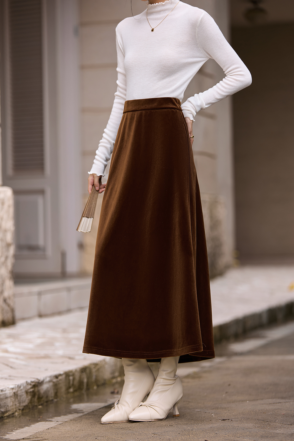 Brown French-Style Knitted Velvet Midi Skirt