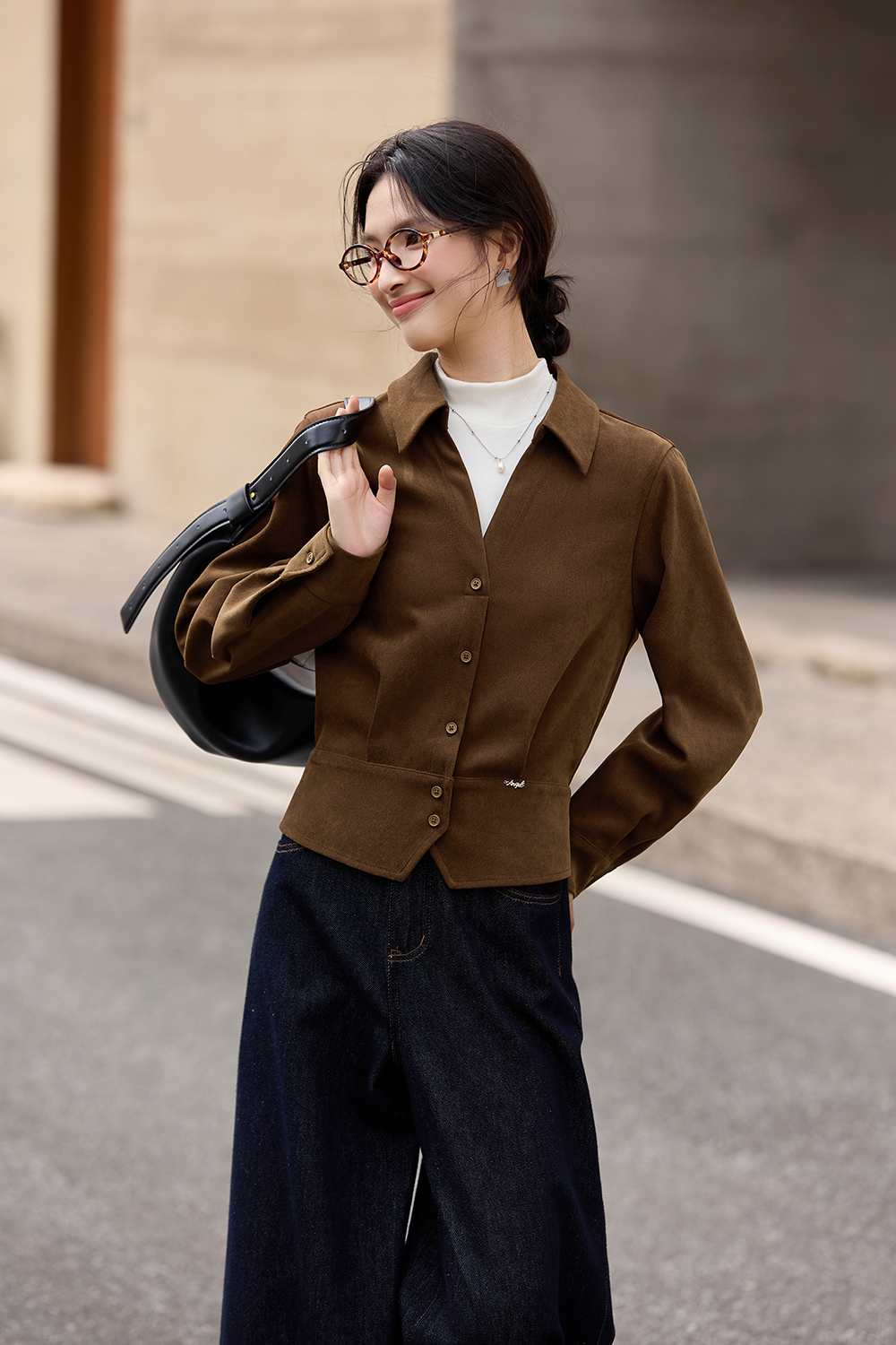 Apricot-Coffee Layered-Look Stand-Collar Shirt