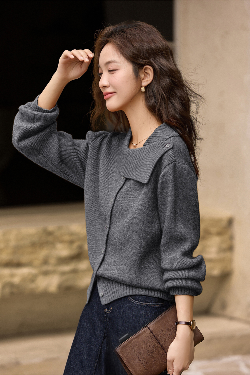 Designer asymmetric lapel knitted sweater