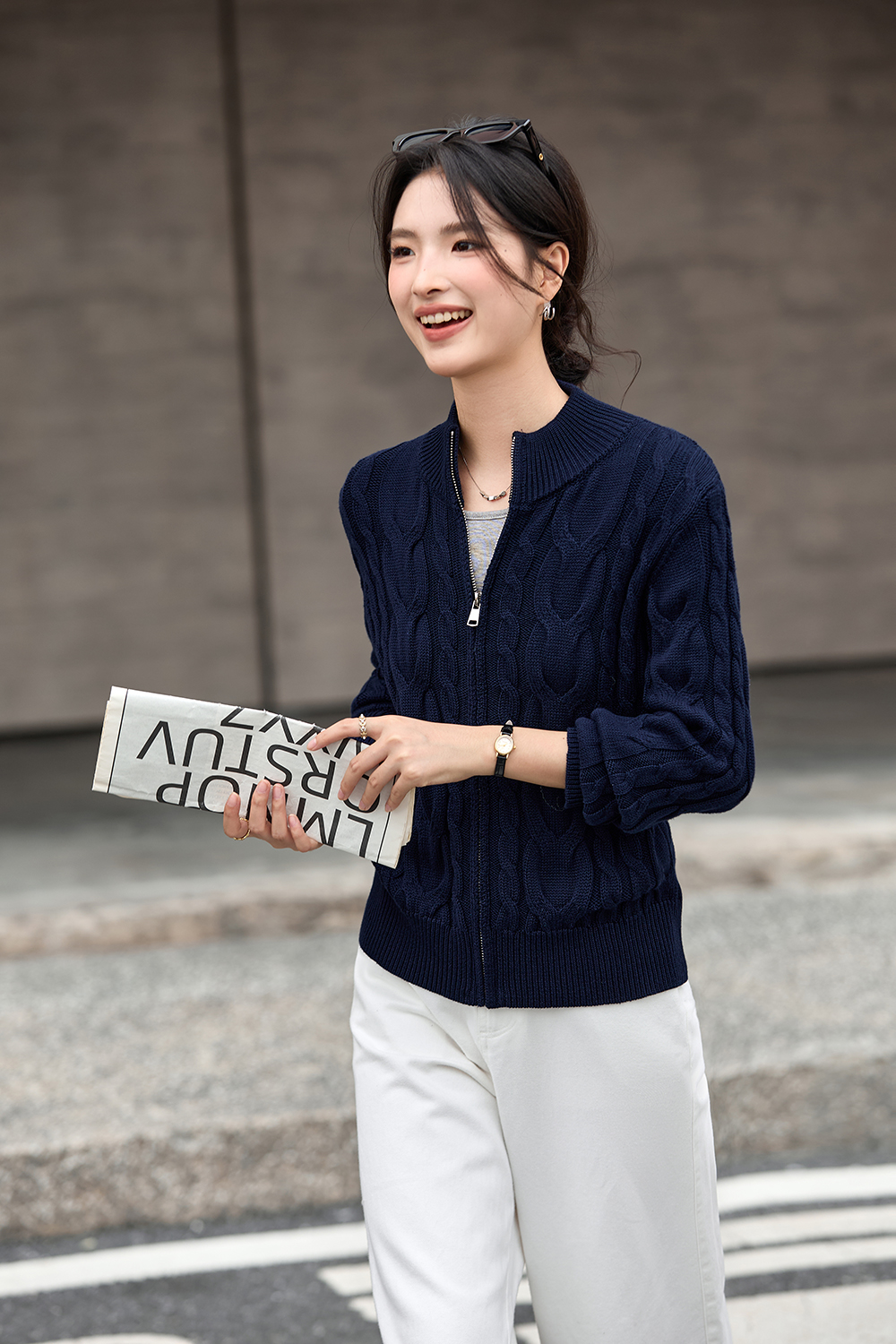 Twisted Cable Stand Neck Zipper Knit Cardigan-VIMLYSTORE