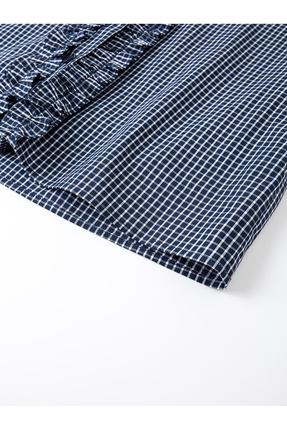 Navy Blue Ruffled Collar Pure Cotton Lapel Long Sleeve Plaid Shirt-VIMLYSTORE