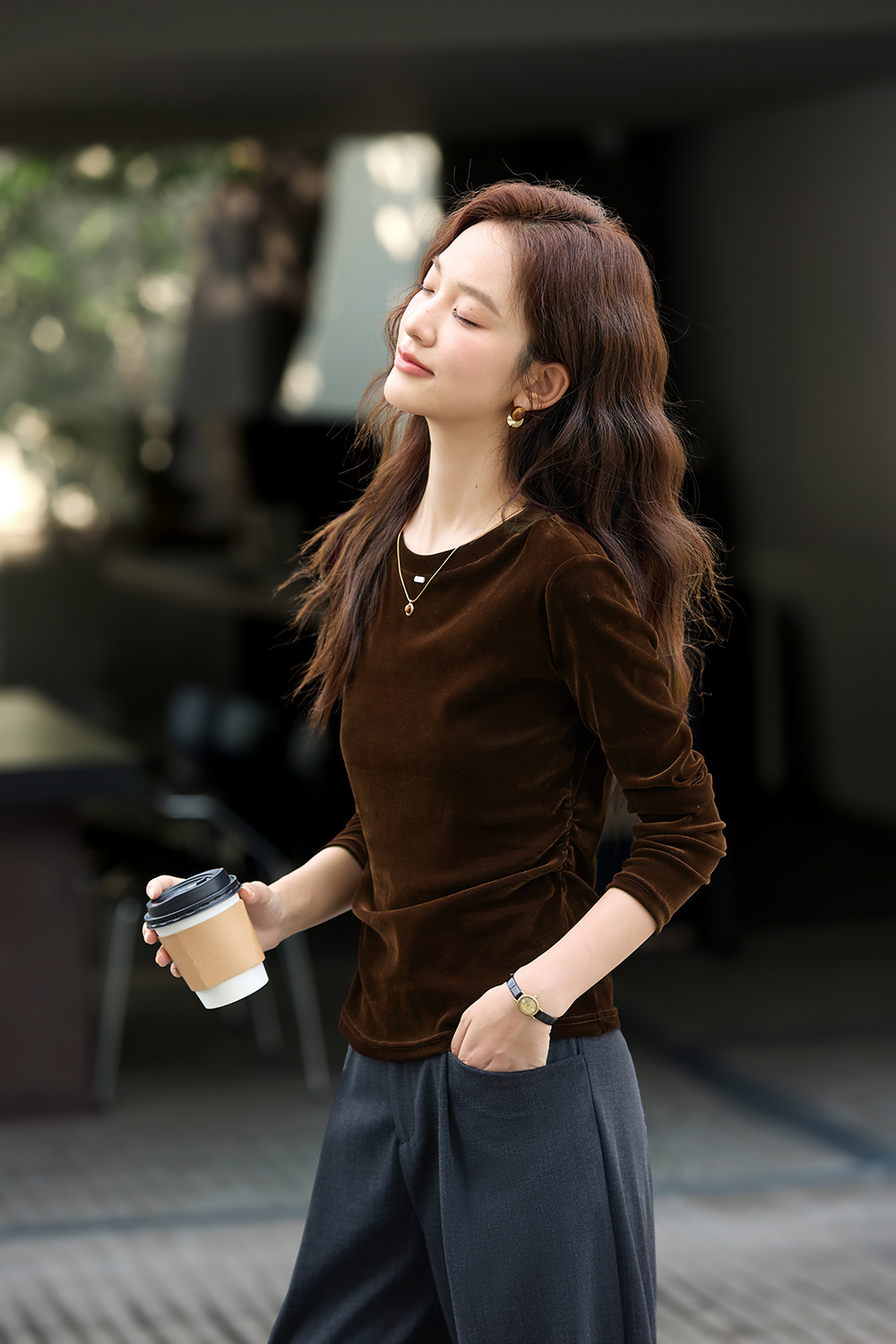 Round Neck Velvet Slim-Fit Slimming Knit T-Shirt-VIMLYSTORE